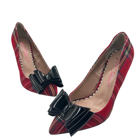 New Betsey Johnson Plaid Bow Pumps Red Pointed‎ Toe Heels Stiletto Size 5.5 - Picture 1 of 9
